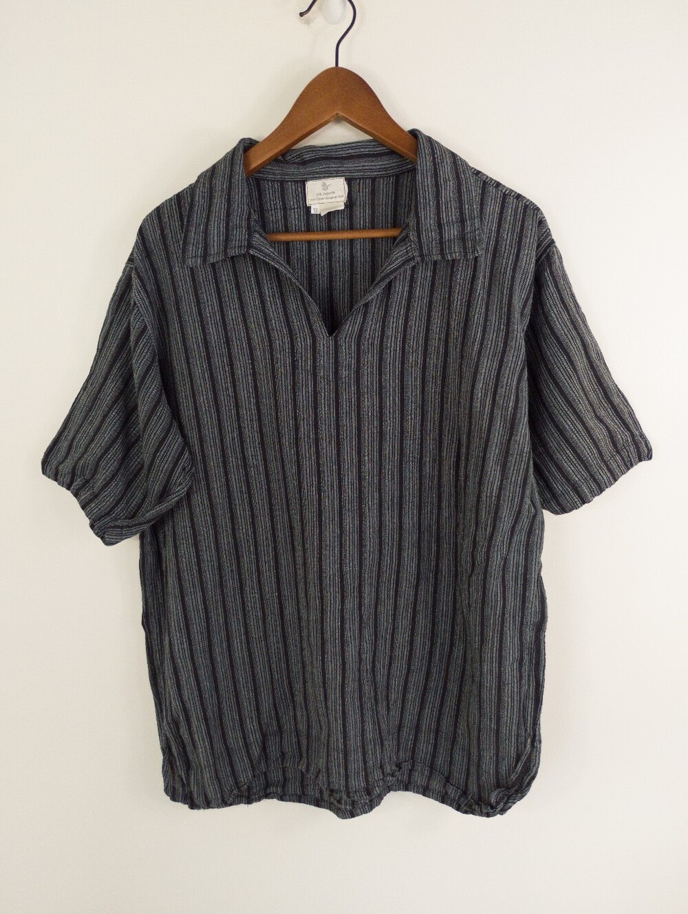 Ark Imports Men's XL Striped Cotton Pullover Polo Shirt Grey Black Boho Nepal